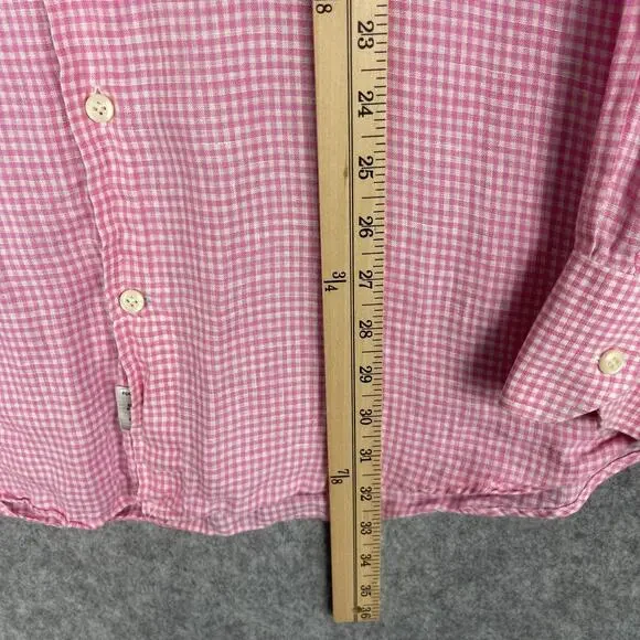 Peter Millar Linen Shirt Mens 16.5 Long Pink Check Button Up Long Sleeve Classic - Picture 8 of 13